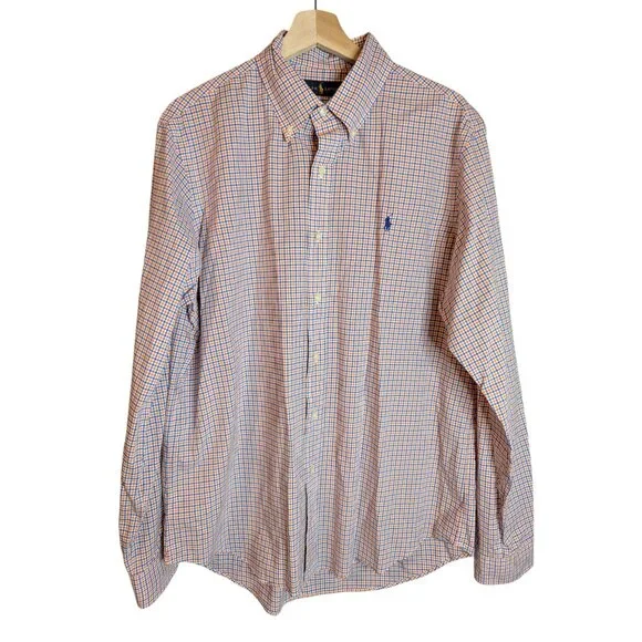 Ralph Lauren Shirt Mens Large Orange Blue Plaid Oxford Pony Preppy Long Sleeve - Picture 5 of 6